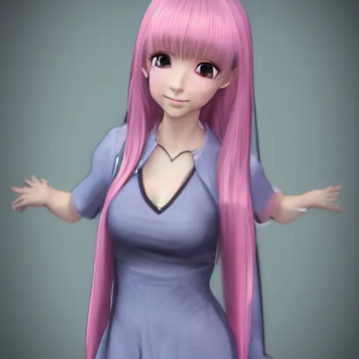 Prompt: Render of Nikki from Shining Nikki Dress-Up Game, a cute 3D anime young woman, long light pink hair, full bangs, full round face, hazel amber eyes, pale skin, Chinese heritage, smiling softly, wearing casual clothing, medium shot, mid-shot, comfortable mood, hyperdetailed, trending on Artstation, Unreal Engine 4k