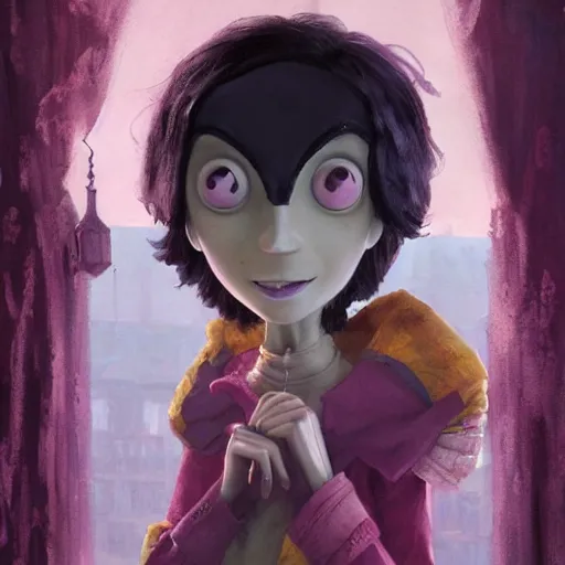 Prompt: coraline in the pink palace, oil painting, Tooth Wu, Greg Rutkowski, RPG portrait, dynamic lighting, anime art