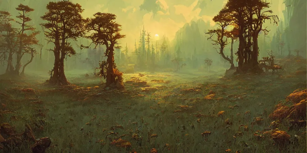 Prompt: A fantasy painting of a beautiful fantasy environment by michael whelan and simon stålenhag