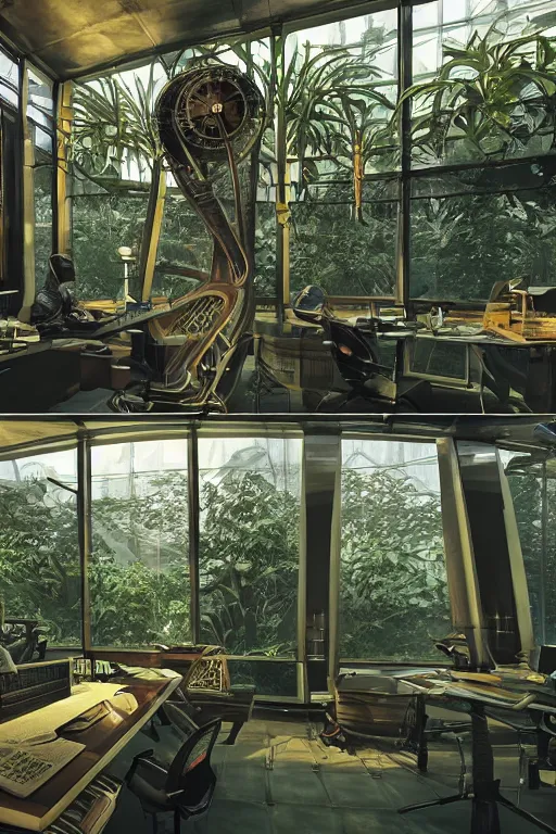 Prompt: a futuristic steampunk science office, inside a building built in the middle of a lush tropical rainforest, steampunk furniture and computers, lush forest outside of the window, cinematic back lit lighting, realistic, detailed, canon 50mm lens,