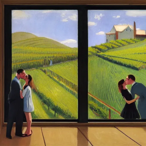 Prompt: a couple kissing, behind them is a window that shows a hilly landscape with vineyards, hopper