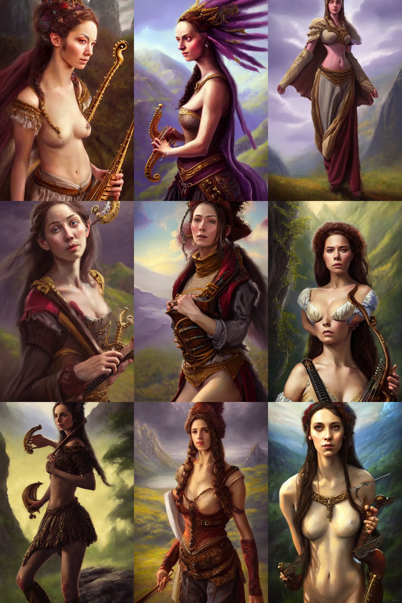 Image similar to a full body high detail fantasy portrait oil painting illustration of a single beautiful sophisticated bard woman by justin sweet with face and body clearly visible, in a scenic background, pretty eyes, realistic proportions, d & d, rpg, forgotten realms, artstation trending, high quality, sombre mood, artstation trending, muted colours, entire person visible!