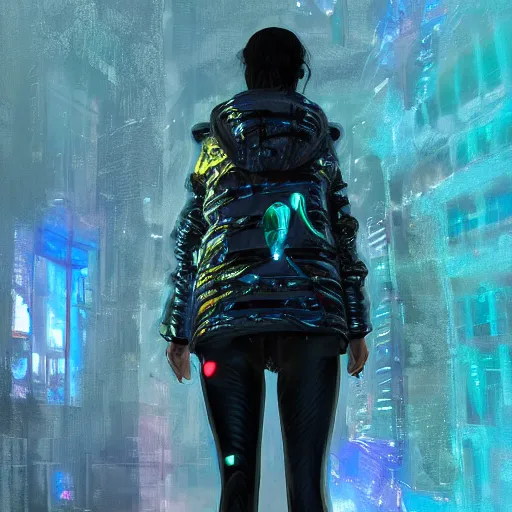 Image similar to detailed portrait of a skilled magic deepdream guardian girl cyberpunk futuristic, reflective puffer jacket, black leggings from the back radiating a glowing aura by ismail inceoglu dragan bibin hans thoma, perfect face, fine details, realistic shaded, fine - face, pretty face