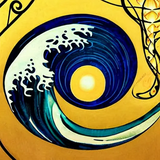 Image similar to beautiful wave made of mathematics, art nouveau, equations, astronomical, stars, equation fish, equation water, equation wave, math sea. oil paint, color, figurative. museum of modern art