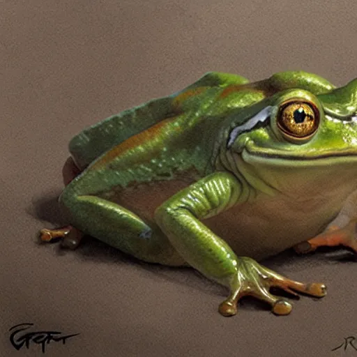 Image similar to hyper realistic caricature of a derpy frog person by greg rutkowski