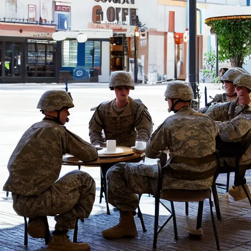 Image similar to a group of military solders sitting at the cafe and drinking coffee