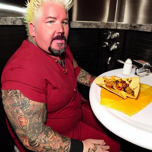 Image similar to guy fieri sitting on a white toilet in a bathroom stall , eating a plate of nachos that is sitting on his lap, 8k