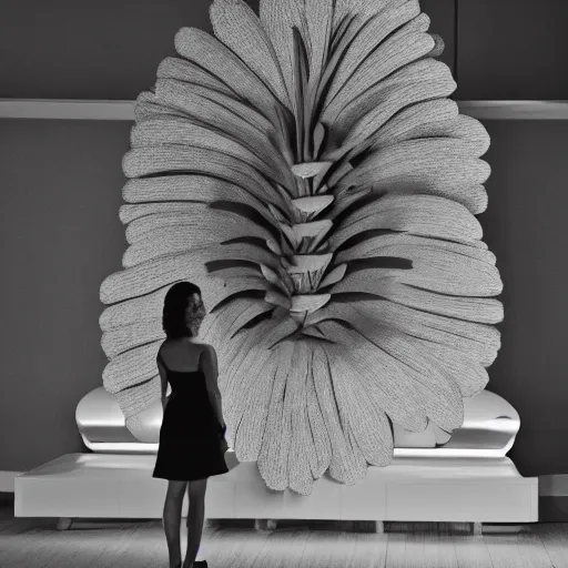 Image similar to giant flower head, frontal, woman standing in mid century building, surreal, symmetry, bright, tone in tone, cinematic, wes anderson