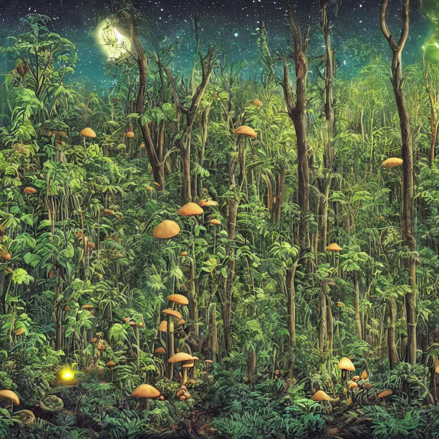 Image similar to album art, of an overgrown dense tropical forest at night, mushrooms, eucalyptus trees, fireflies, and a badger, omni magazine