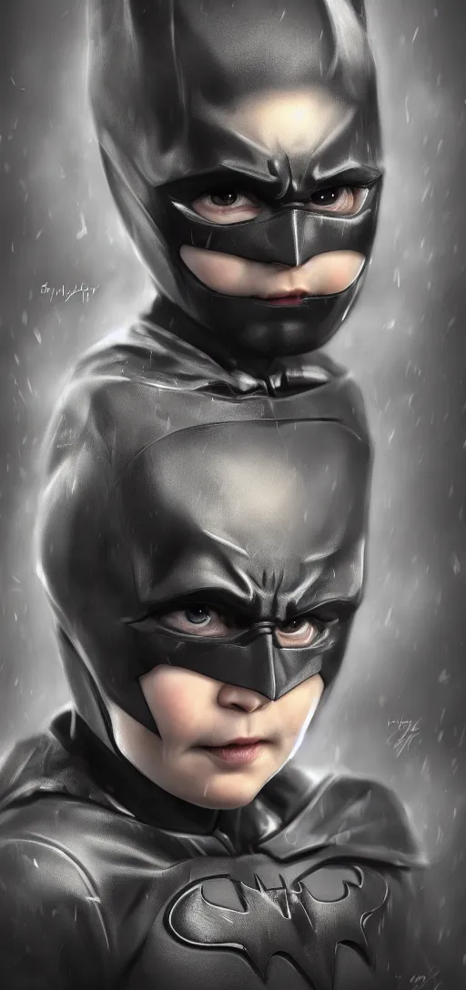 Image similar to portrait of baby batman, cinematic, eerie, cinematic lights, highly detailed, hdr, artstation, concept art, ambient light, 4 k, intricate details, highly professionally detailed, cgsociety, highly detailed