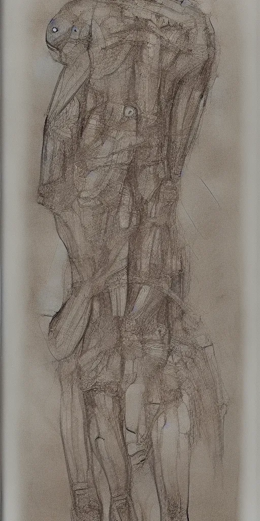 Prompt: half human half organic robot anatomy sketch by Leonardo da Vinci, sketchbook, highly detailed, symmetrical