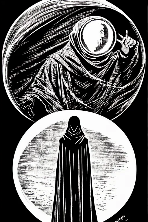 Image similar to wizard in a hooded cloak gazing into a crystal ball, high details, intricately detailed, by vincent di fate, inking, 3 color screen print, masterpiece, trending on artstation,, sharp, details, hyper - detailed, hd, 4 k, 8 k