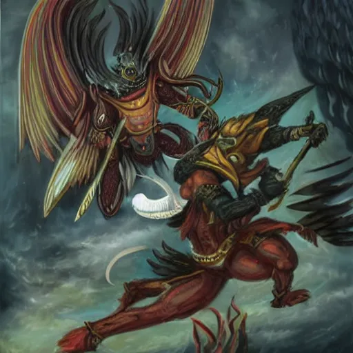 Prompt: Garuda aiakos killing a demon