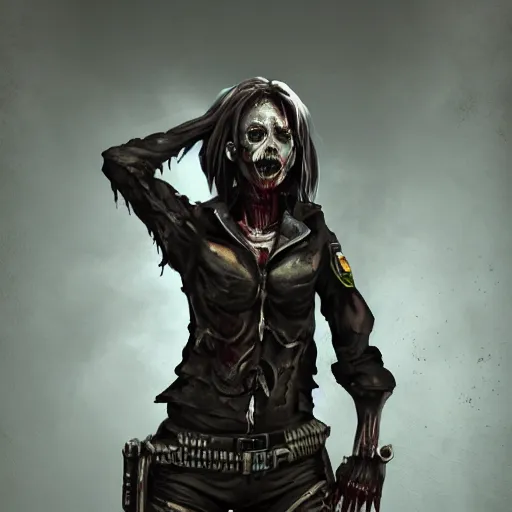 Prompt: angry zombie female police officer, full body portrait, rib cage open, horror core, apocalyptic, feeling of grimdark, sharp focus, fiction, hyper detailed, digital art, trending in artstation, cinematic lighting, studio quality, smooth render, unreal engine 5 rendered, octane rendered, art style and nixeu and wlop and krenz cushart