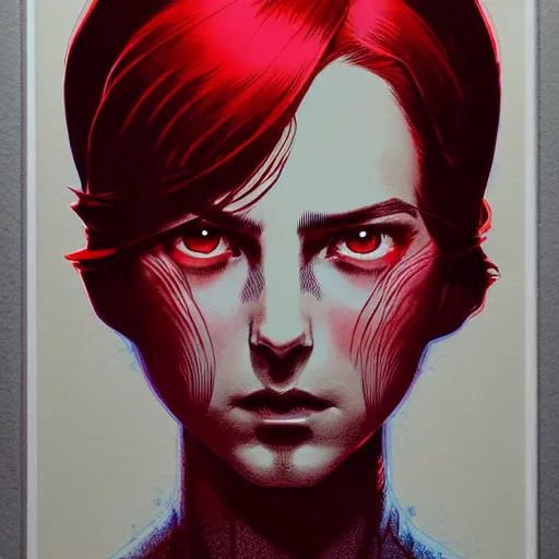 Prompt: medium portrait, diffused light, by killian eng and joe fenton and martin deschambault and conrad roset, inspired by victorian marvel comics, red and grey only, etching, fine, sharp high detail,