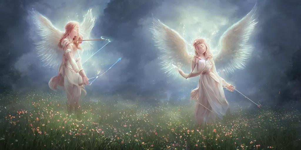 Prompt: An angel with white wings shooting luminous arrows with a bow on a country landscape covered with flowers, the arrows create flowers when they hit the country floor, inspired by Amandine Van Ray, Christophe Vacher, trending on artstation, heavenly colors, volumetric lighting