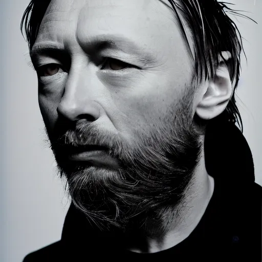 Prompt: Singing Thom Yorke, with a beard and a black jacket, a portrait by John E. Berninger, dribble, neo-expressionism, uhd image, studio portrait, 1990s