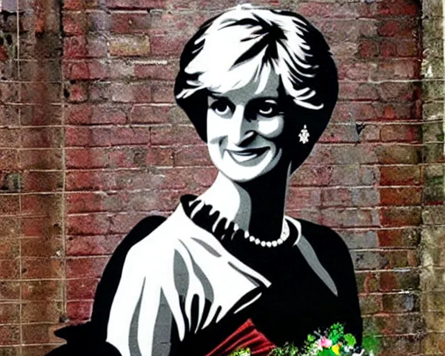 Image similar to lady diana, artwork by banksy