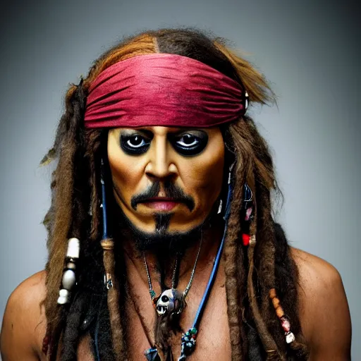 Image similar to uhd candid photo of jack sparrow wearing bizarre voodoo makeup, with accurate face, intricate voodoo costume, uhd, studio lighting, correct face, photo by annie leibovitz