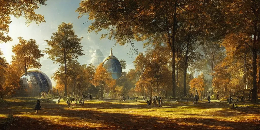 Image similar to a woodland city and park with a glorious spherical sci-fi building at its centre, bright and sunny day, autumn, Greg Rutkowski and Ivan Shishkin