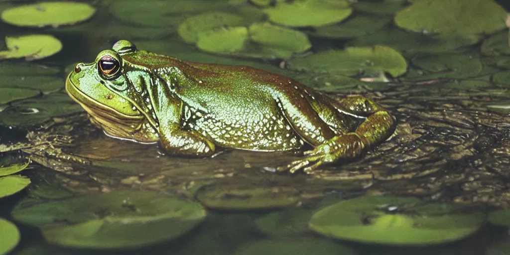 Image similar to detailed medium format photo, polaroid still from tarkovsky movie, of a large bullfrog sitting on a lilly pad in a murky swamp smoking a cigarette, haze, high production value, intricate details, 8 k resolution, hyperrealistic, hdr, photorealistic, high definition, tehnicolor, award - winning photography, masterpiece, amazing colors