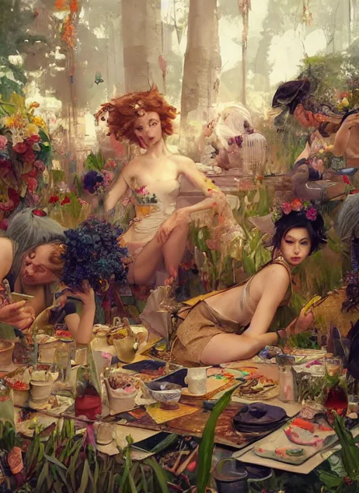 Prompt: beautiful fantasy painting scene of a busy summer day party, by Kenne Gregoire, James Jean, Tran Nguyen, WLOP, Jakub Rebelka. trending on Artstation, 8k, masterpiece, face enhance, graffiti paint, fine detail, full of color, intricate detail, golden ratio illustration