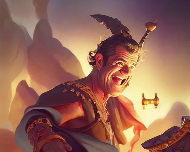 Prompt: mel gibson laughing out loudy, photography of kurzgesagt, deep focus, d & d, fantasy, intricate, elegant, highly detailed, digital painting, artstation, concept art, matte, sharp focus, illustration, hearthstone, art by artgerm and greg rutkowski and alphonse mucha