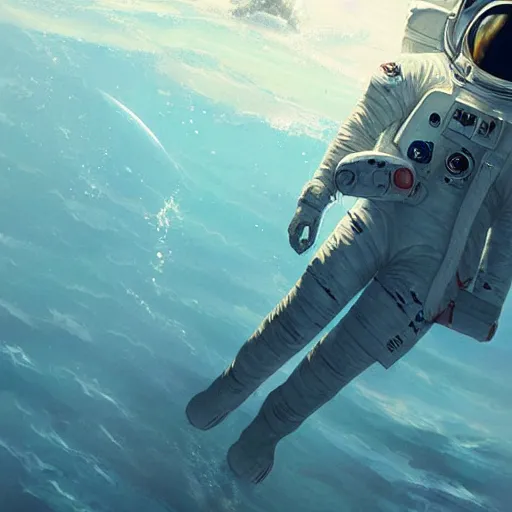 Image similar to an astronaut lost in the ocean,digital art,detailed,ultra realistic,art by greg rutkowski