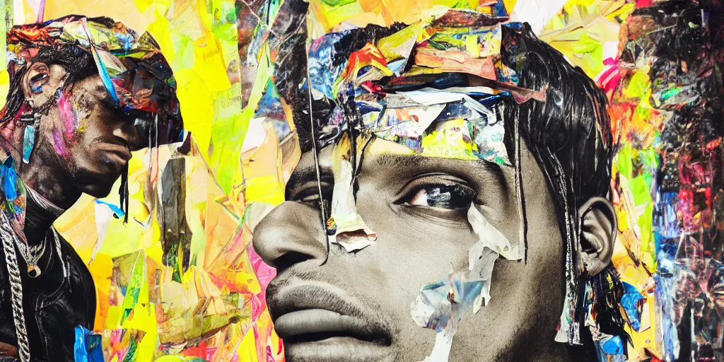 Image similar to travis scott with a trash bag on his head, collage paper and tape, acrylic on canvas, hyperrealism mixed with expressionism, high resolution, cinematic, unreal 6 breathtaking detailed, by blake neubert