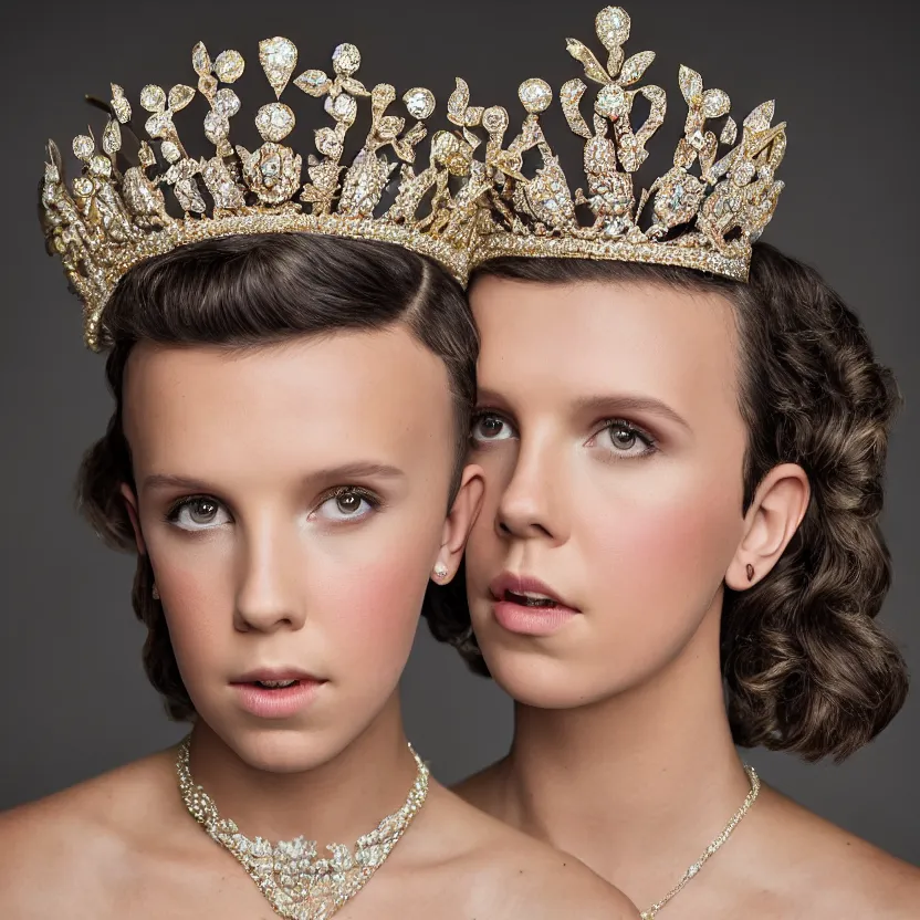 Prompt: millie bobby brown as queen, big crown adorned with emerald, diamonds, topaz and other jewellaries, sensual, beautiful soft light failling on her face, studio photography, nikon 3 5 mm portrait photography, ultra realistic