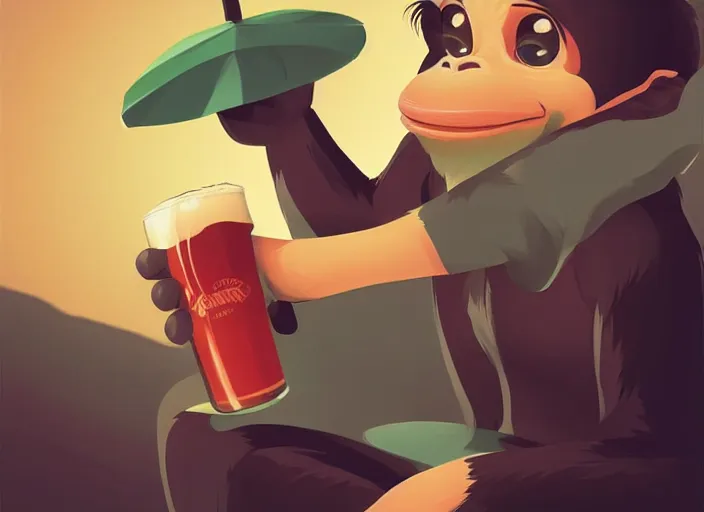 Image similar to cute monkey drinking beer. clean cel shaded vector art. behance hd by lois van baarle, artgerm, helen huang, by makoto shinkai and ilya kuvshinov, rossdraws, illustration, art by ilya kuvshinov