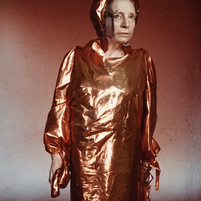 Prompt: closeup portrait of a woman wrapped in copper cellophane, standing in an abandoned factory, color photograph, by paula rego, canon eos c 3 0 0, ƒ 1. 8, 3 5 mm, 8 k, medium - format print