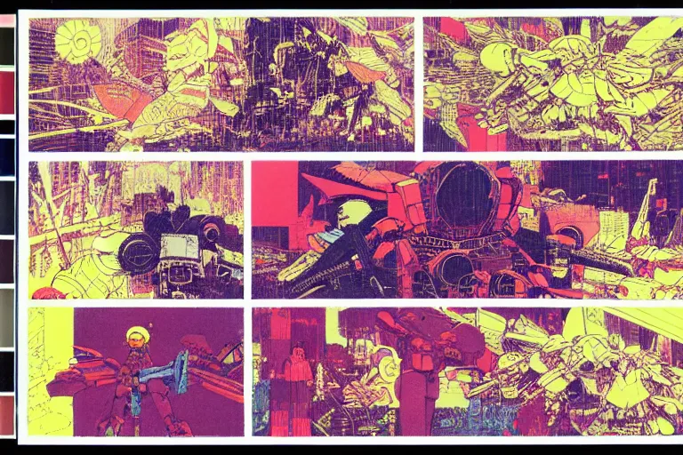 Image similar to risograph grainy drawing vintage sci - fi, satoshi kon color palette, gigantic gundam, covered with exotic flora, 1 9 8 0, kodachrome, natural colors, comicbook spreadsheet, codex seraphinianus painting by moebius and satoshi kon and dirk dzimirsky close - up portrait