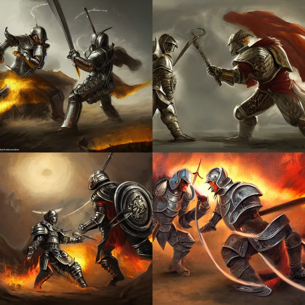 Prompt: concept art of two men in armor battling each other surrounded by a ring of fire, medieval fantasy,