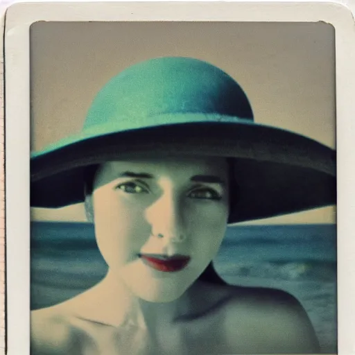 Prompt: vintage polaroid of an attractive woman with a large hat at the beach, warm azure tones, red color bleed, film grain