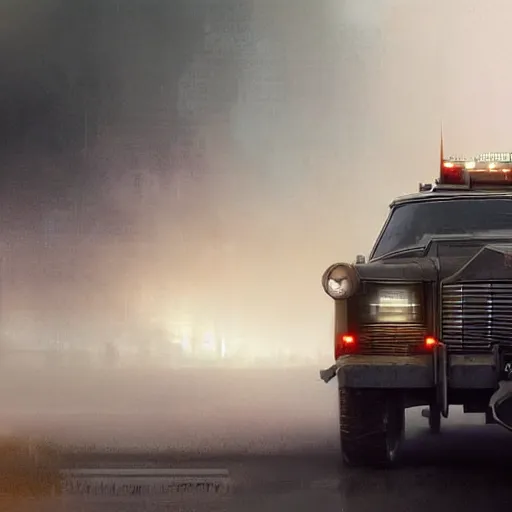 Image similar to a highly detailed epic cinematic concept art CG render digital painting artwork costume design: dieselpunk Soviet 1980s police patrol car. By Greg Rutkowski, Ilya Kuvshinov, WLOP, Stanley Artgerm Lau, Ruan Jia and Fenghua Zhong, trending on ArtStation, subtle muted cinematic colors, made in Maya, Blender and Photoshop, octane render, excellent composition, cinematic atmosphere, dynamic dramatic cinematic lighting, precise correct anatomy, aesthetic, very inspirational, arthouse