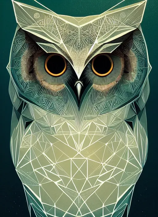 Image similar to portrait of a geometric owl, identical eyes, medium shot, illustration, full body made of white feathers, symmetrical, art stand, super detailed, cinematic lighting, and its detailed and intricate, gorgeous, by peter mohrbacher