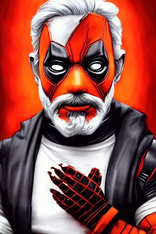 Image similar to Narendra Modi as Deadpool, claws are up, red and black deadpool costume, Narendra Modi hairstyle and beardstyle, calm, grumpy, portrait, masculine figure, highly detailed, digital painting, artstation, concept art, smooth, sharp focus, illustration, cinematic lighting, art by artgerm and greg rutkowski and alphonse mucha