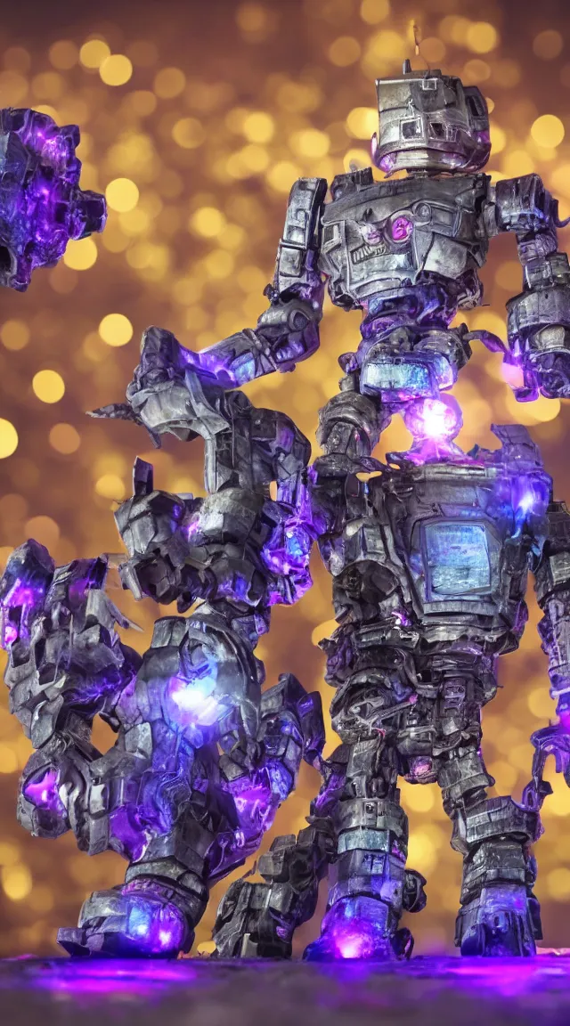 Image similar to giant robot with purple lights destroying a mini fantasy castle, professional photo, hdr, bokeh, sci fi, tiny castle, fantasy, small world, miniature