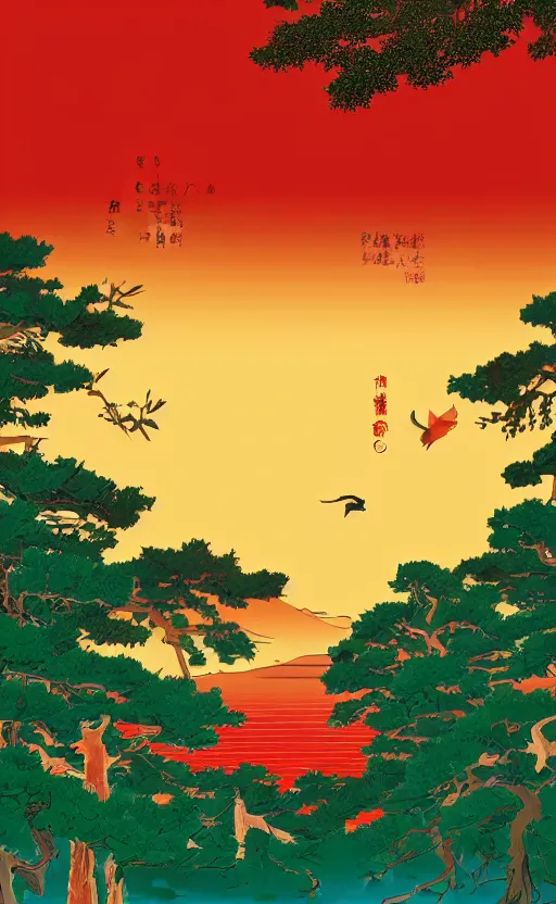 Prompt: hanafuda, huge grus japonensis looking around at a lake in the middle of japanese pines, a big red sun in the background, front game card, vector line art, trending on artstation, concept art, stunning, matte