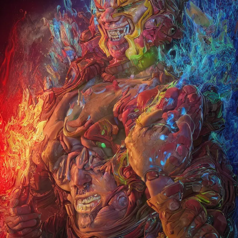 Prompt: octane render portrait by wayne barlow and carlo crivelli and glenn fabry, a photorealistic version of the thundercats covered in dripping colorful wax inside a candlelit thundercats metallic futuristic base, ray traced lighting, very short depth of field, bokeh