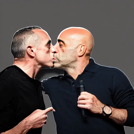 Prompt: Jordan Peterson and Joe Rogan kissing, photo, tabloid, photorealistic, 4k