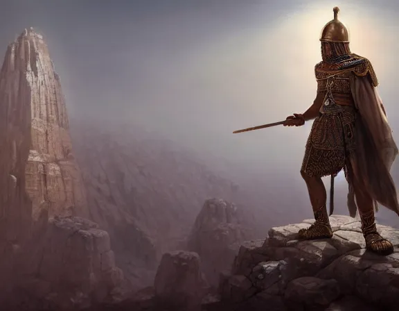 Prompt: bronze age assyrian priest with a tall helmet and winding crystaline staff, standing on a ledge looking down, dust behind him, wide octane render, beautiful composition, unreal engine 5, trending on artstation, wide highly detailed oil painting, fantasy digital art, wide epic, by wlop and peter mohrbacher