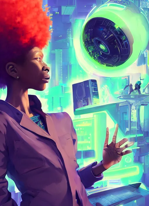 Image similar to afro - cyberpunk scientist, computers and holograms, hacking the metaverse | hyperrealistic oil painting | by makoto shinkai, ilya kuvshinov, lois van baarle, rossdraws, basquiat | afrofuturism, in the style of hearthstone, trending on artstation | dark color scheme