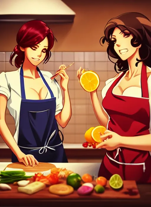 Prompt: two beautiful housewives in the kitchen on a hot summer evening, gorgeous faces, thick lines, cinematic lighting, detailed anime art