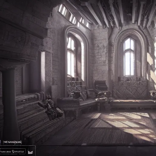 Image similar to ultra mega super hyper realistic Digital concept interior design of castle in futuristic style mixed with medieval style. More cyberpunk less medieval. Natural white sunlight from the transperient roof. Rendered in VRAY and DaVinci Resolve and MAXWELL and LUMION 3D, Volumetric natural light