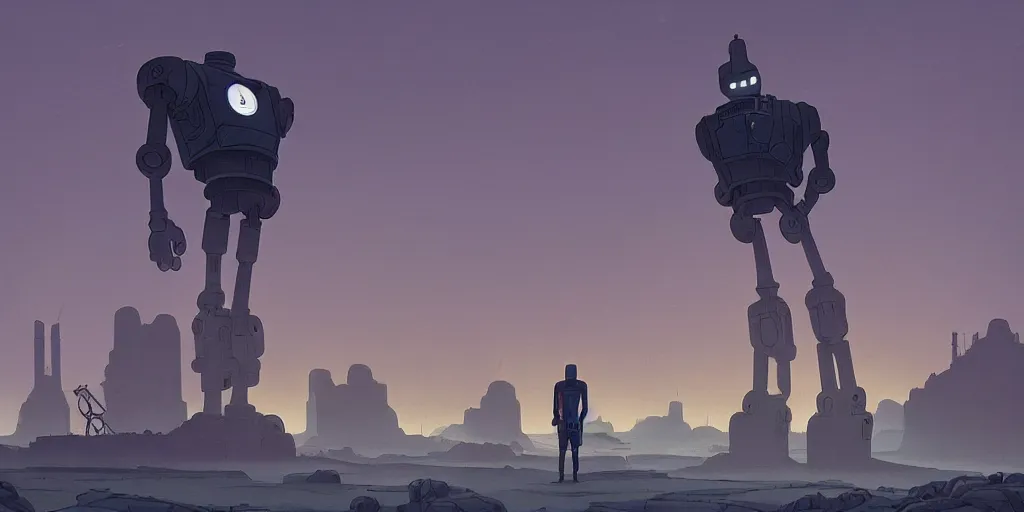 Image similar to Iron Giant, Portrait, Subject in Middle, Subject in center, Rule of Thirds, Retrofuturism, Simon Stålenhag