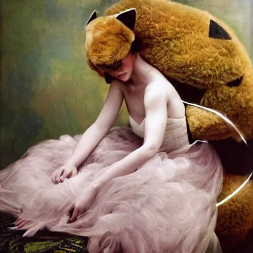 Image similar to elegant woman dressed up as pikachu, art photo by Annie Liebovitz and Alphonse Mucha