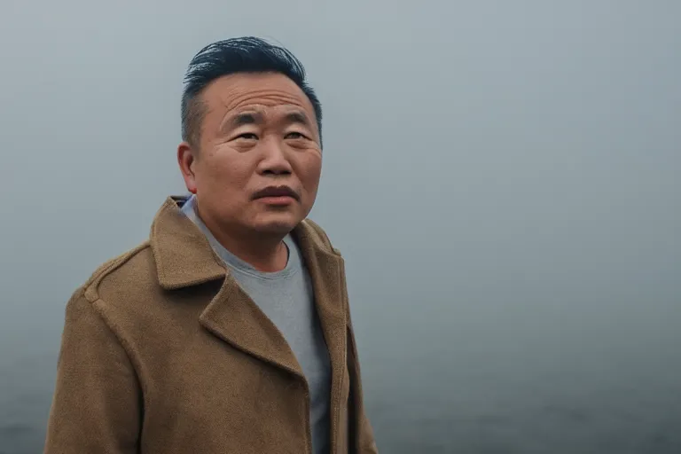 Image similar to a cinematic headshot portrait of a middle aged asian man, movie still, fog, ocean background, waves, rain, dramatic lighting, back light, hair light, rim light, 4 k, ultra realistic