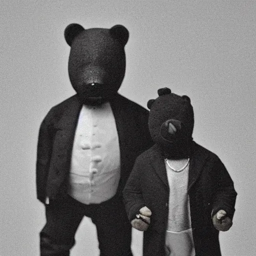 Prompt: Portrait studio photograph of Kanye West standing beside of a anthropomorphic teddy bear, close up, shallow depth of field, in the style of Felice Beato, Noir film still, 40mm